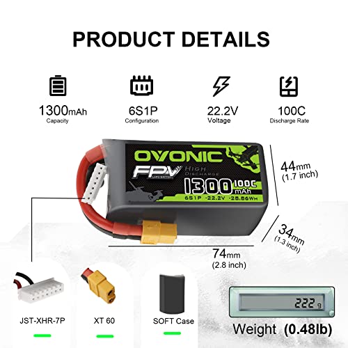 OVONIC 6S Lipō Batterie 1300mAh 100C 22,2V pour FPV RC Quadcopter avec Connecteur XT60  
OVONIC 6S Lipō Batterie 1300mAh