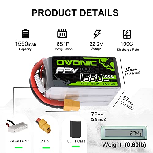 OVONIC Batterie Lipo 1550mAh 2|2V 6s 100C pour FPV Racing RC Quadcopter Avec Connecteur XT60 (2 Packs) Pièces de Bricola